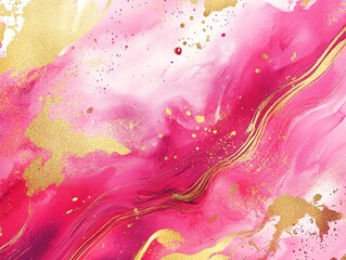 Fototapeta premium Hot pink and gold rectangle marble texture with liquid watercolor stains