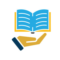 education icon. book in hand. open book with writing inside. smart. Flat design style