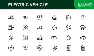 Electric Vehicle Line Icon Set. Modern, minimal, professional electric mobility line icon set showcasing EV technology, charging, battery, car, and sustainability concepts.