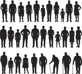 Silhouettes of diverse people of different ages, standing in rows, representing human lifecycle, generations, family concept, community group, and population diversity.