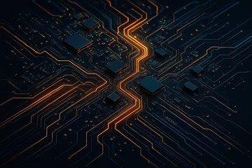 High tech circuit paths glowing in dark background with futuristic style