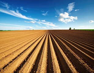 Plowed field under a vibrant blue sky