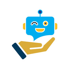 ai icon. AI Personal Assistant in hand. Chatbot avatar. Friendly robot face with chat bubble. UI, education. Flat design style