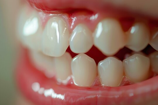 Macro image highlighting the details of human teeth with an overbite, emphasizing the need for dental alignment