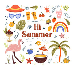 trendy, tropical fruits, desserts, summer elements. naive, summer set, isolated elements on a white background. minimalist, childish, naive style. for print, banner, social networks, business. art png