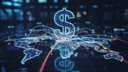 Glowing dollar sign over connected world map with digital lines, symbolizing global finance, digital transactions, and cross-border economic networks