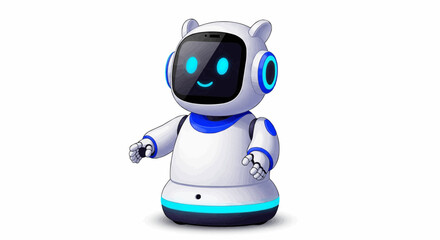 A cute white robot with bear ears and a smiling face on its screen standing on a white background