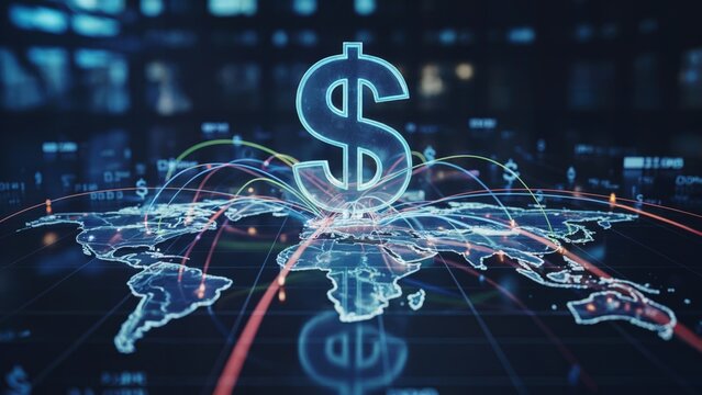 Glowing dollar sign over connected world map with digital lines, symbolizing global finance, digital transactions, and cross-border economic networks