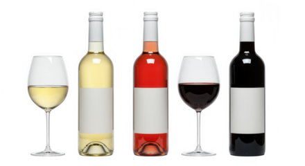 Assortment of wine bottles and glasses isolated on transparent background