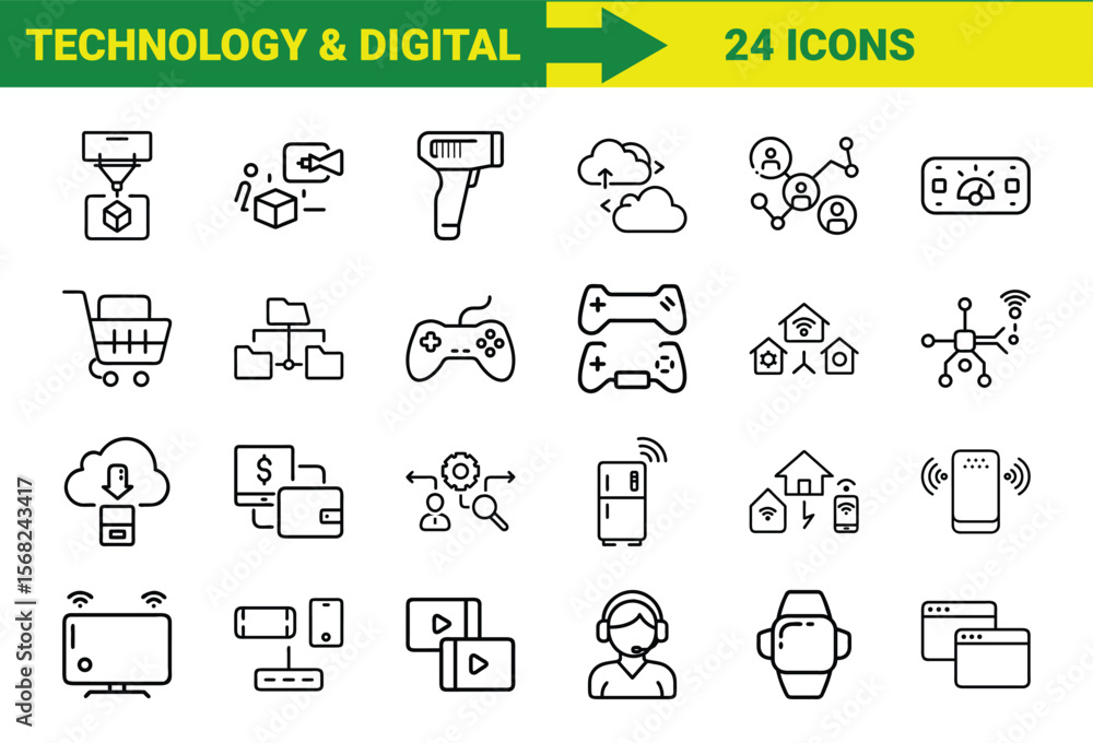 Fototapete A collection of 24 minimalist outlined technology digital icons illustrating various technological concepts and devices.