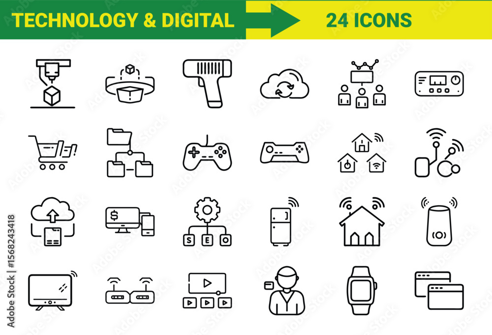 Poster collection of twenty four modern technology and digital icons depicting various concepts and applica