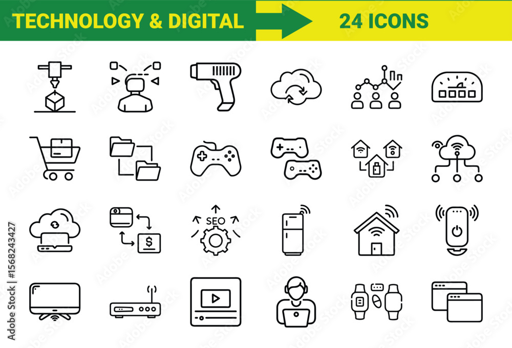 Poster collection of twenty four line art icons depicting modern technology and digital concepts for web an