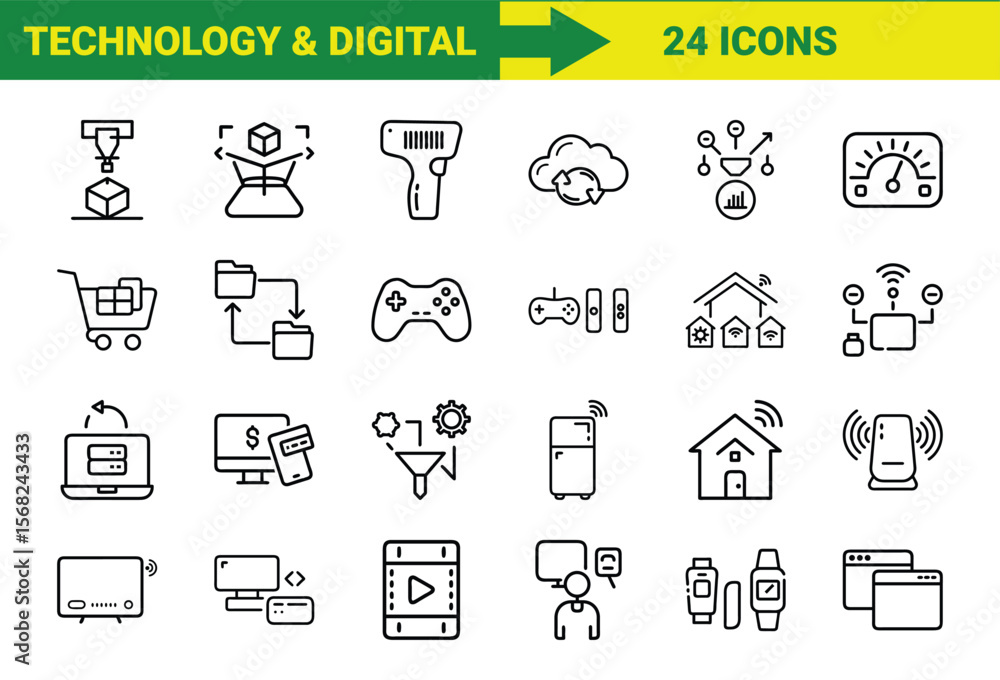 Poster A collection of twenty four line icons representing various technology and digital concepts and elements for user interface design