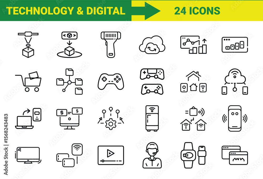 Poster a collection of twenty four modern digital technology and computer icons representing various aspect