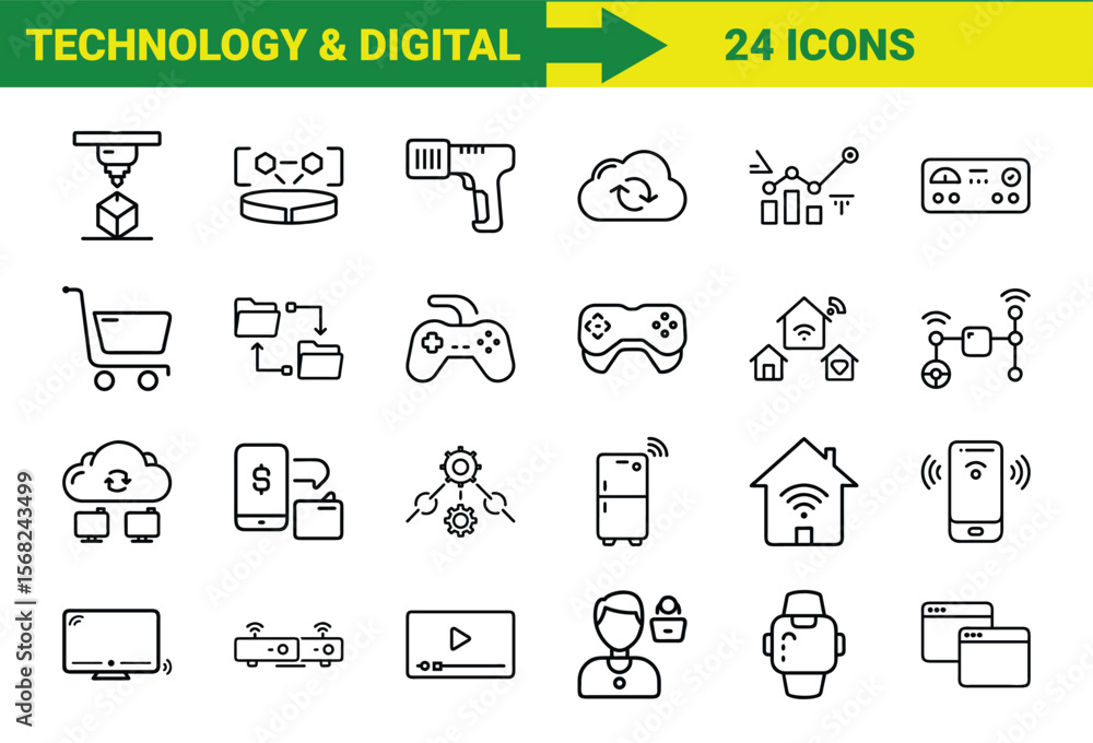 Poster collection of minimalist line art icons depicting modern technology and digital concepts suitable fo