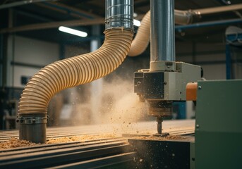 Industrial Dust Collection System in Action Sucking Sawdust from Woodworking Process. Clean Workshop Environment.