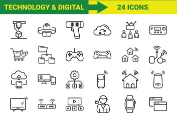 Collection of twenty four modern technology and digital icons depicting various concepts and applications