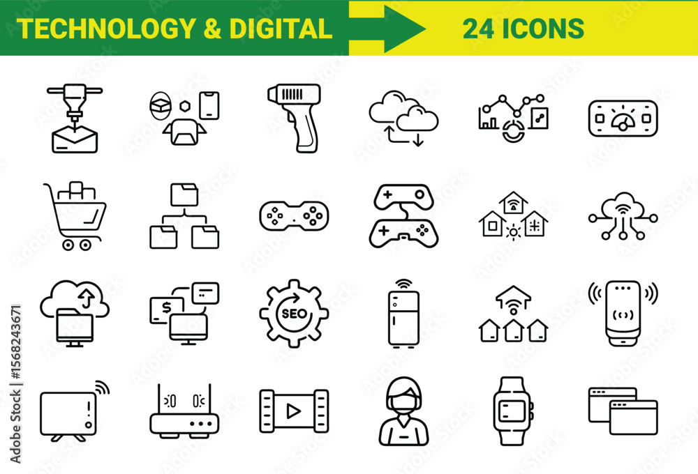 Poster collection of modern technology and digital icons depicting various concepts in clean and minimalist