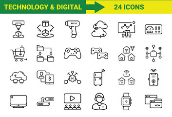 A modern flat line icon set representing 24 technology and digital concepts applicable for web design and other creative projects