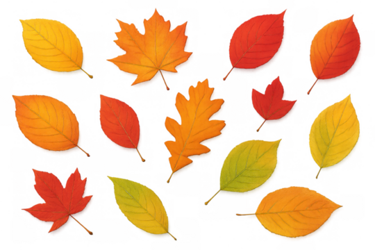 Autumn leaves falling softly against transparent backdrop, displaying warm orange and red seasonal palette