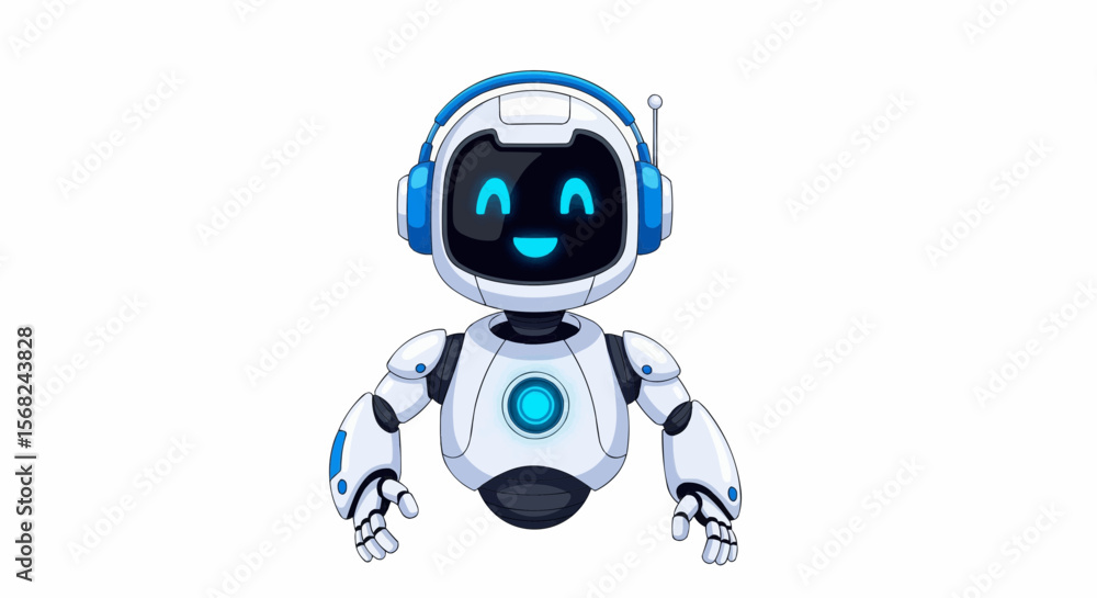 Poster cartoon robot with headphones and a smiling face on a screen against a white background design vecto