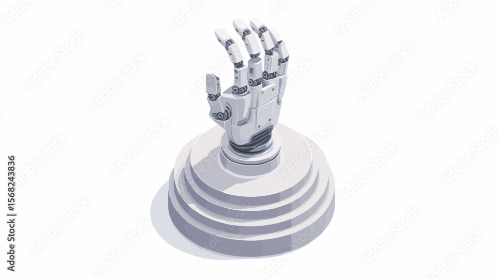 Poster a robotic hand on a circular tiered platform against a white background in a studio setting