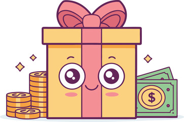 Cute money gift box with dollar coin and stacks illustration vector illustration