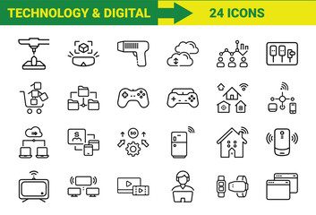 Twenty-four outline icon set depicting modern technology and digital innovations for web design and infographics