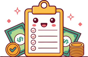 Cute kawaii style budget checklist illustration with money and coins vector illustration