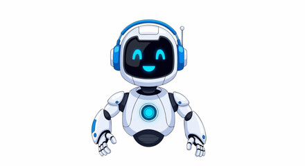 Cartoon robot with headphones and a smiling face on a screen against a white background design vector