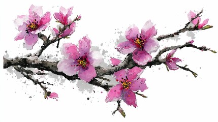 Fototapeta premium Watercolor blossoms branch pink flowers on gray branch, on white backdrop
