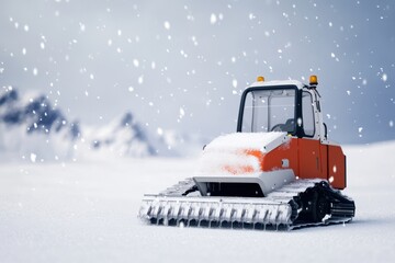 Snow-covered landscape with a snow groomer vehicle preparing a ski slope in winter