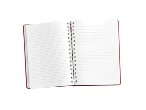 Open spiralbound notebook with blank lined pages isolated on transparent background