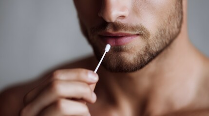A man holds a cotton bud near his lips  long title A close up portrait of a man holding a cotton bud close to his lips suggesting the application of