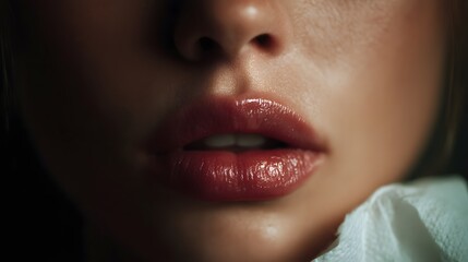 Naklejka premium Close up of irritated lips under a cold compress