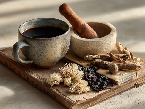 Kampo medicine elements like dried roots, mortar and pestle, and herbal decoction in a ceramic teacup, 