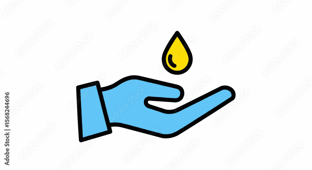 Poster a light blue hand outstretched with a single yellow drop falling above it in a simple design style