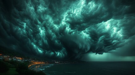 Dramatic storm clouds over a coastal town at night.
