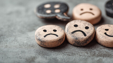 Obraz premium Close up of various round stones with different facial expressions on a gray textured background