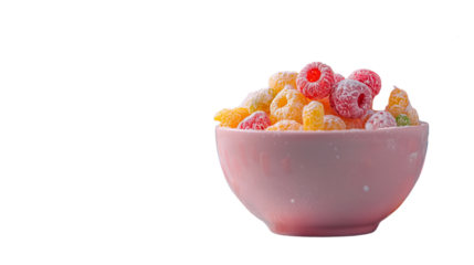 Frosted raspberries and golden berries in pastel pink bowl. Transparent PNG. clean, vibrant image for food packaging or wellness branding

