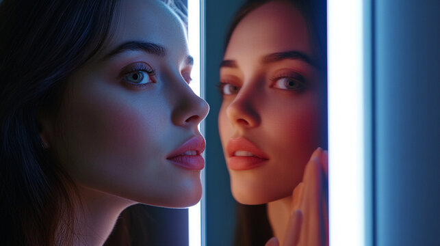 close-up-of-Emotionally aware smart mirror giving daily affirmations while detecting stress - soft lighting