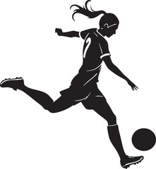 Silhouette of a girl running forward to kick a soccer ball. Great for representing motivation, energy, and youth in sports.