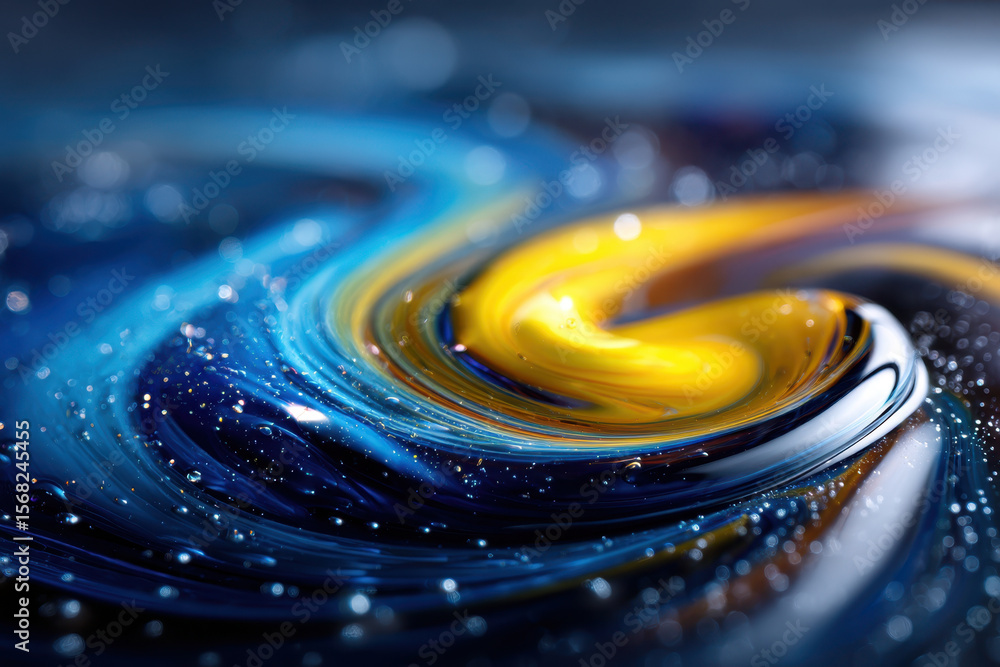 Poster vibrant swirls of blue and yellow paint create a dynamic abstract design on a smooth surface