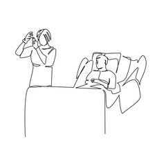 One continuous single drawing line art flat doodle hospital, healthcare and medicine, nurse, doctor, injection, bedridden patient. Isolated image hand draw contour on a white background, hand drawn, n
