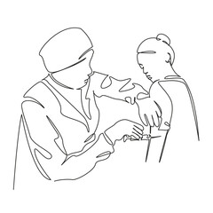 One continuous single drawing line art flat doodle person, doctor, medicine, vaccination, care, syringe, clinic. Isolated image hand draw contour on a white background, hand drawn, not AI