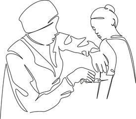 One continuous single drawing line art flat doodle person, doctor, medicine, vaccination, care, syringe, clinic. Isolated image hand draw contour on a white background, hand drawn, not AI