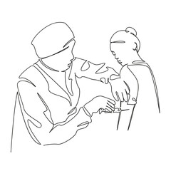 One continuous single drawing line art flat doodle person, doctor, medicine, vaccination, care, syringe, clinic. Isolated image hand draw contour on a white background, hand drawn, not AI