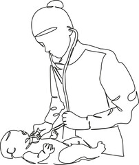 One continuous single drawing line art flat doodle child, doctor, stethoscope, hospital, listening, newborn, care, paediatrician. Isolated image hand draw contour on a white background, hand drawn, no