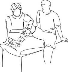 One continuous single drawing line art flat doodle man, leg, care, doctor, bandage, recovery, foot, medicine, gypsum. Isolated image hand draw contour on a white background, hand drawn, not AI