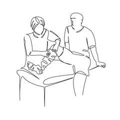 One continuous single drawing line art flat doodle man, leg, care, doctor, bandage, recovery, foot, medicine, gypsum. Isolated image hand draw contour on a white background, hand drawn, not AI